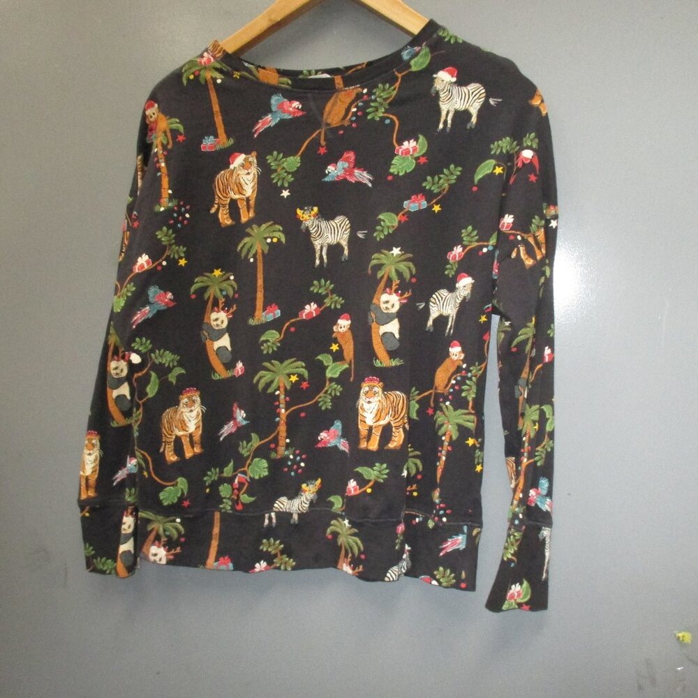 M&S Kids Sweater Blouse Size S Black With Animal Prints 100% Cotton Long Sleeve